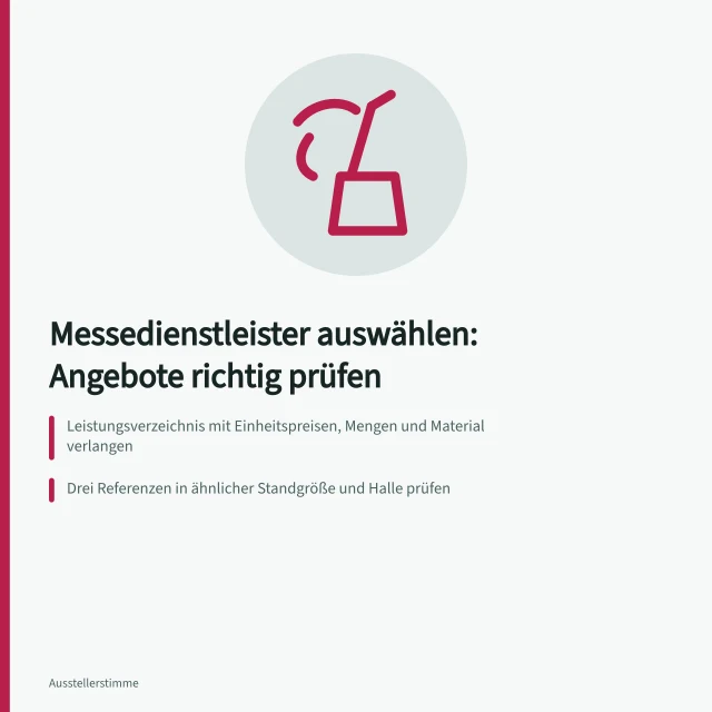 Checkliste zur Auswahl von Messedienstleistern mit Angeboten und Verträgen. Messedienstleister auswählen: Checkliste für Angebote und Verträge