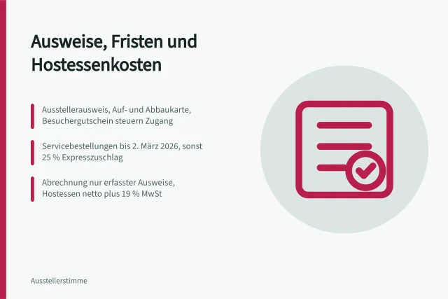 Ausstellerausweise, Fristen und Hostessenkosten im Messebetrieb. Welche Werkzeuge und Fristen organisieren Standpersonal und Besucherzugang?