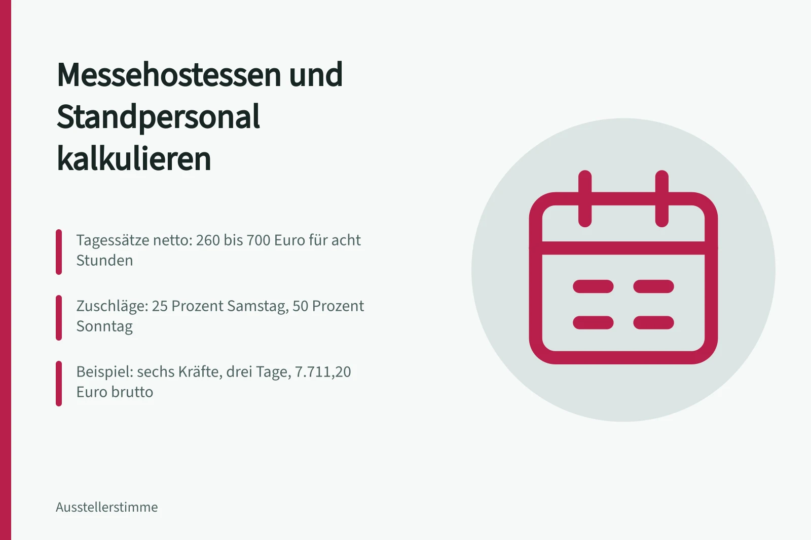 Kalkulation von Messehostessen mit Tagessätzen, Zuschlägen und Mehrwertsteuer